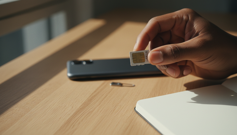 Hånd der holder et nano-SIM-kort over et skandinavisk skrivebord - guide til at finde SIM-kortnummeret
