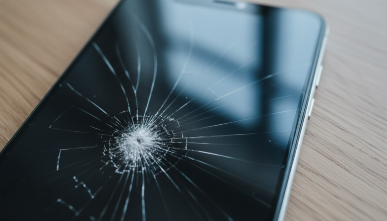 Knust smartphone-skærm med spider-web crack-mønster - artikel om mobilforsikring