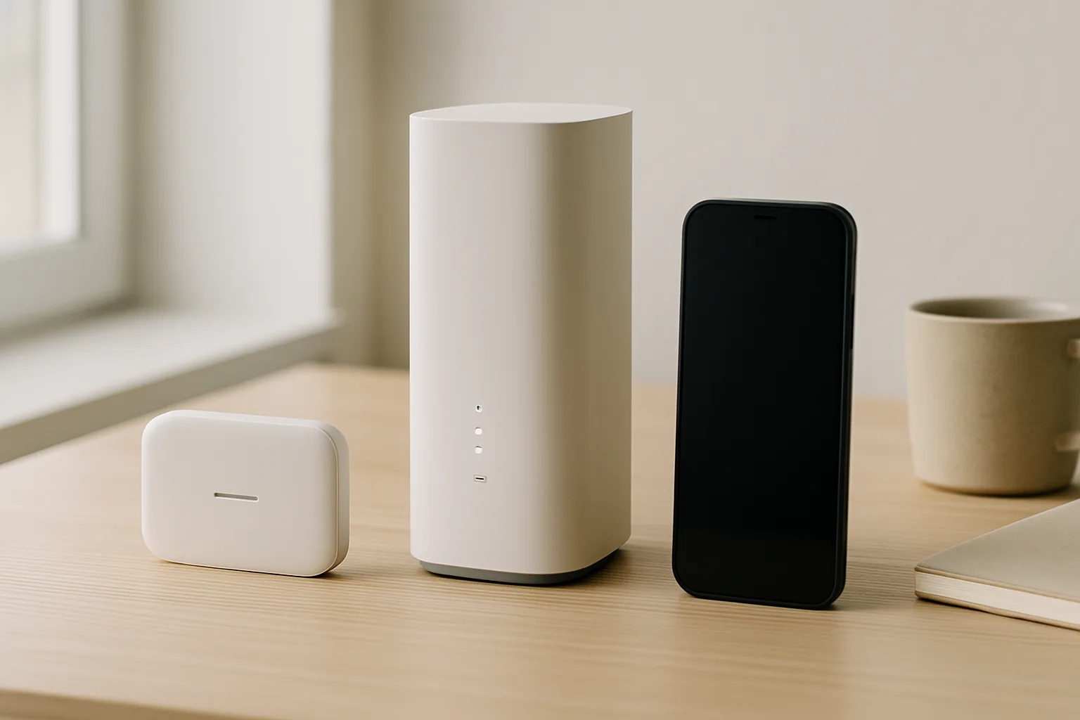 Tre former for mobilt bredbånd vist som router, 5G-boks og telefon på lyst bord
