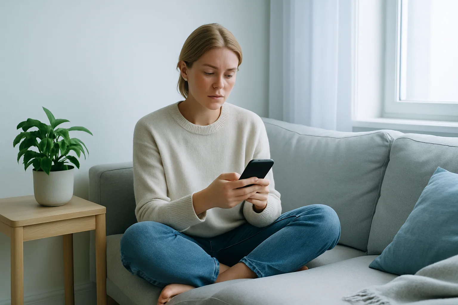 Ung kvinde tjekker telefon i lys dansk stue med sofa og plante