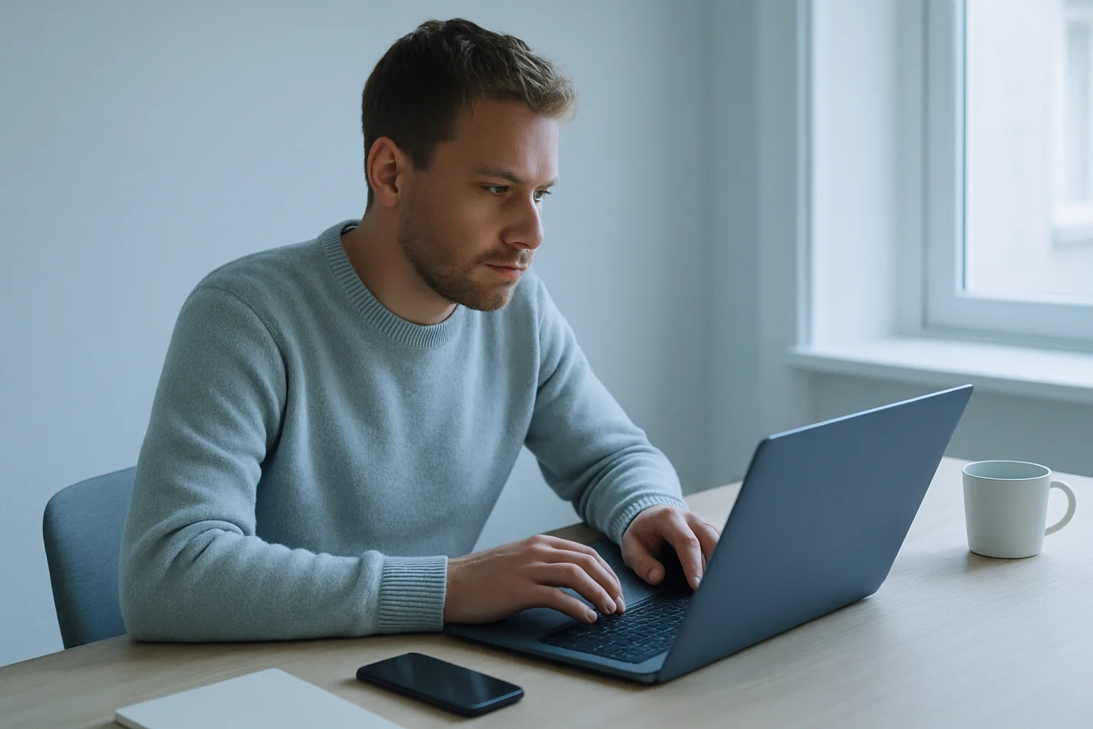 Person ved lyst skrivebord bestiller mobilabonnement på laptop med telefon ved siden