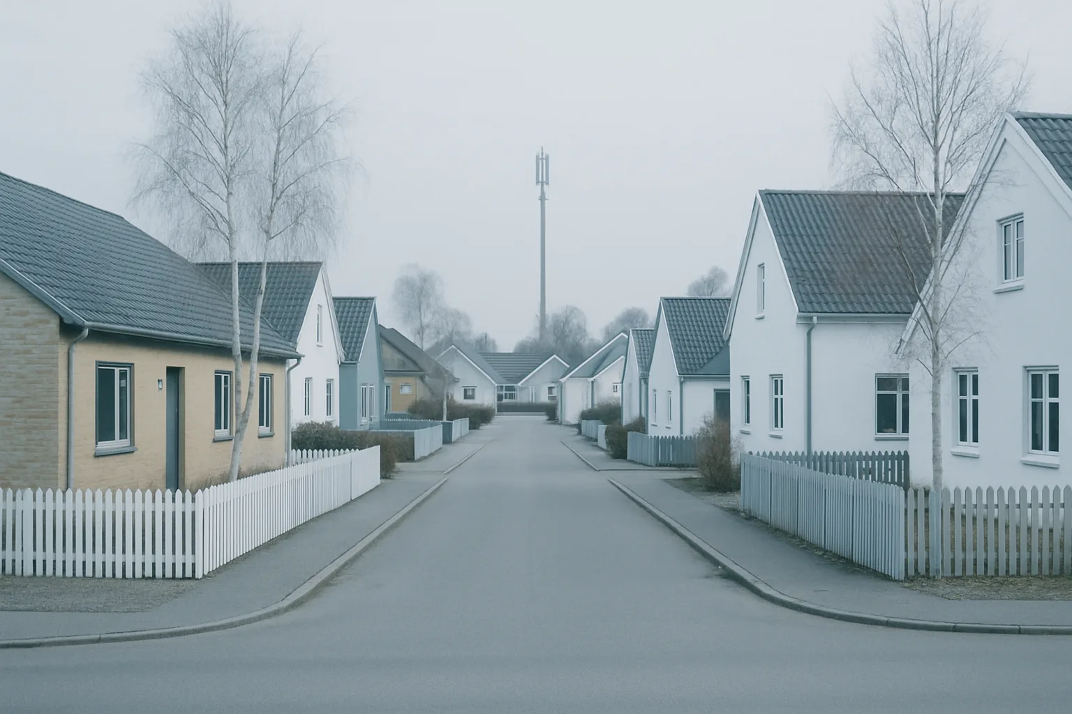 Lyst dansk forstadslandskab med rækkehuse og en mobilmast i horisonten