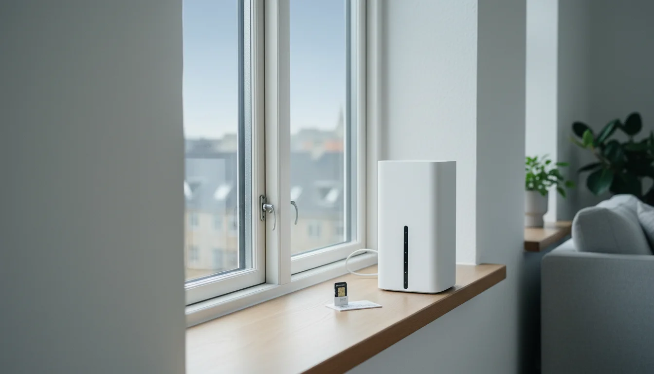 5G-router placeret i vindueskarmen i en lys lejlighed med simkort ved siden af