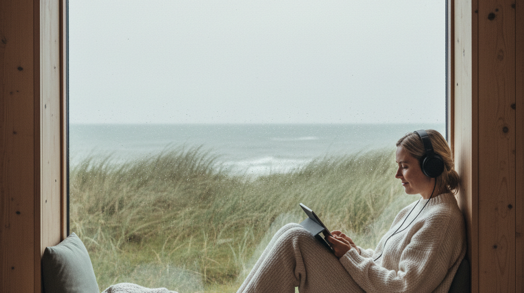 Kvinde ser nordisk serie på Viaplay en regnvejrsdag