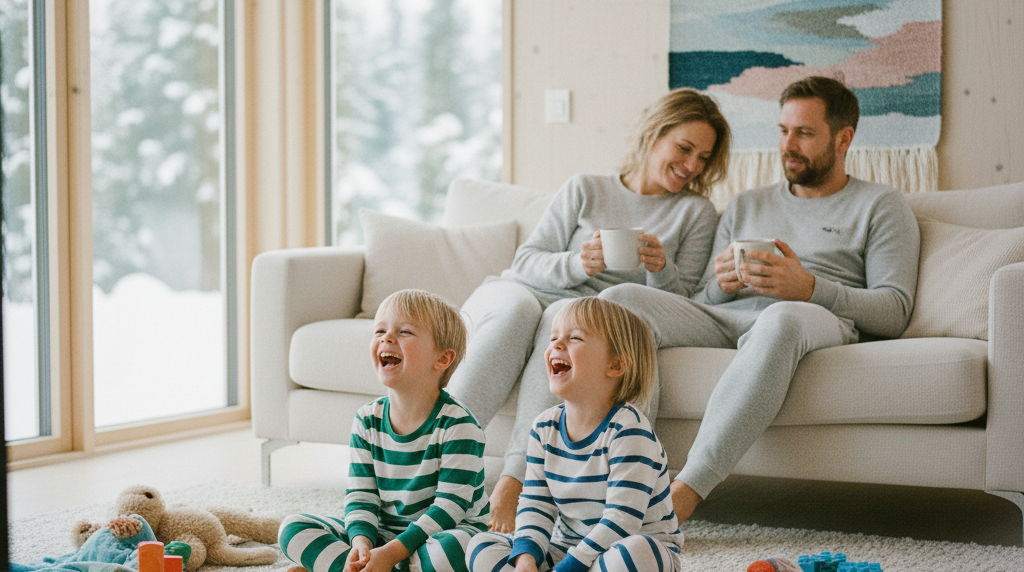 Børn i pyjamas ser tegnefilm lørdag morgen mens forældrene drikker kaffe