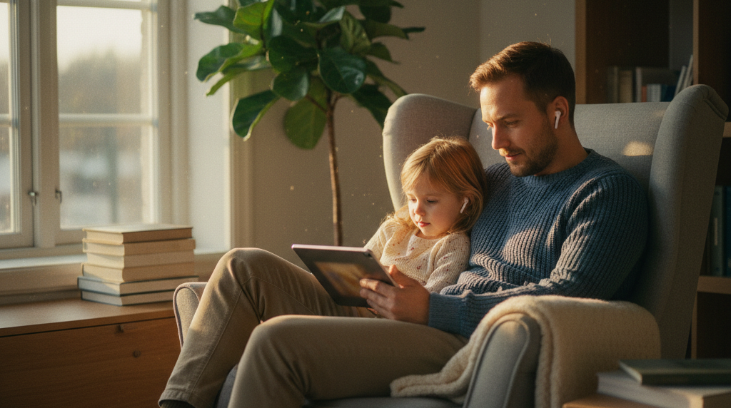 Far og datter deler en tablet i lænestolen om eftermiddagen