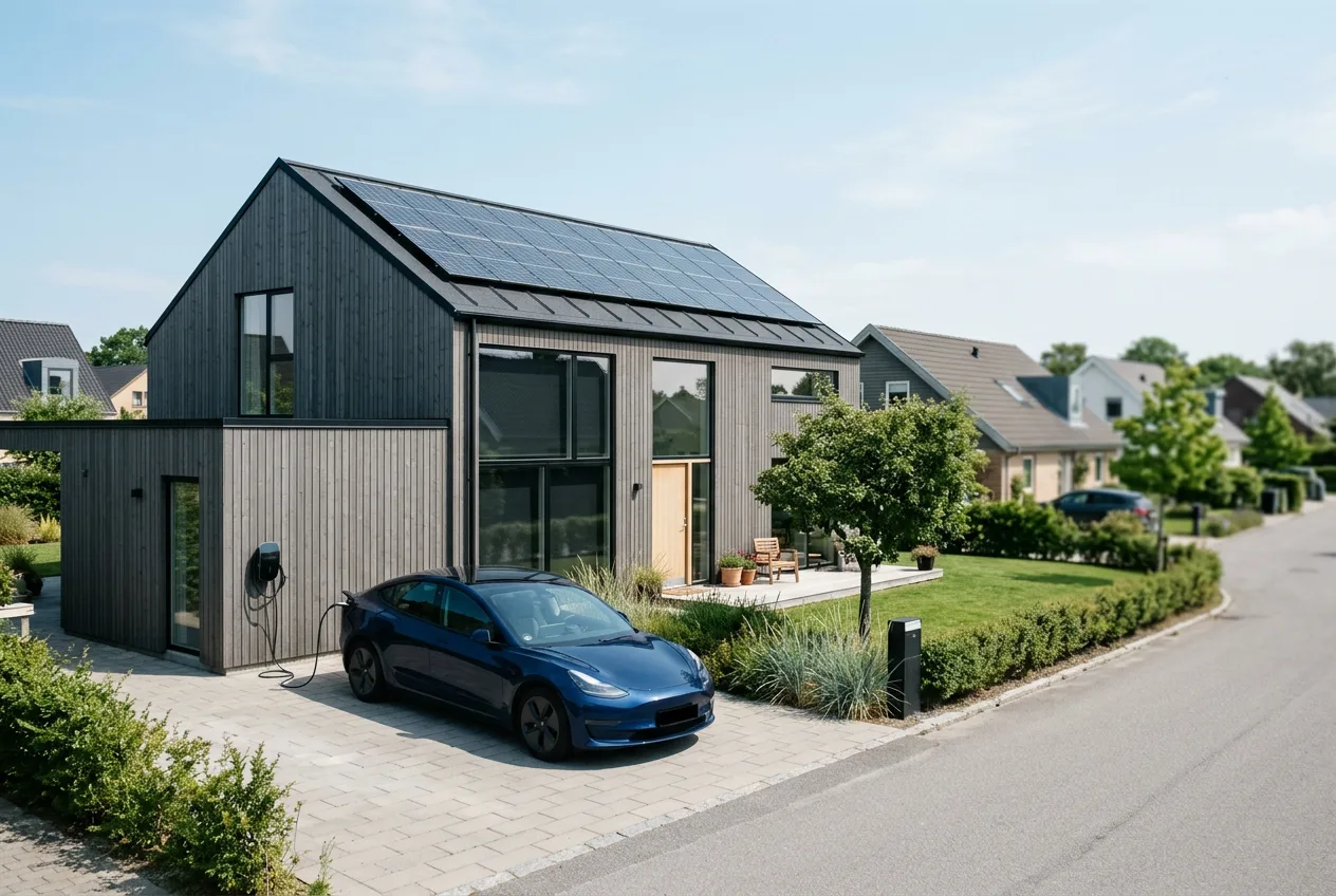 Parcelhus med solceller og elbil ved middagstid