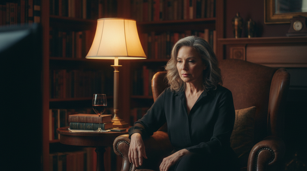 Kvinde ser prestige-drama i læderlænestol med et glas rødvin