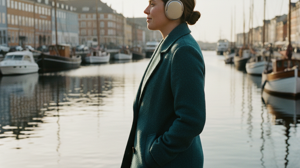 Kvinde hører lydbog med høretelefoner på en gåtur langs havnen