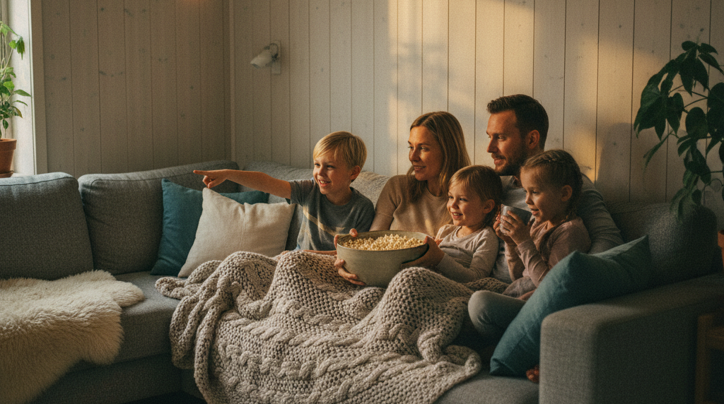 Familie samlet under tæppet til filmaften i sofaen