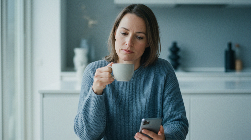 Kvinde gennemgår sine streaming-udgifter med kaffe og telefon ved køkkenbordet
