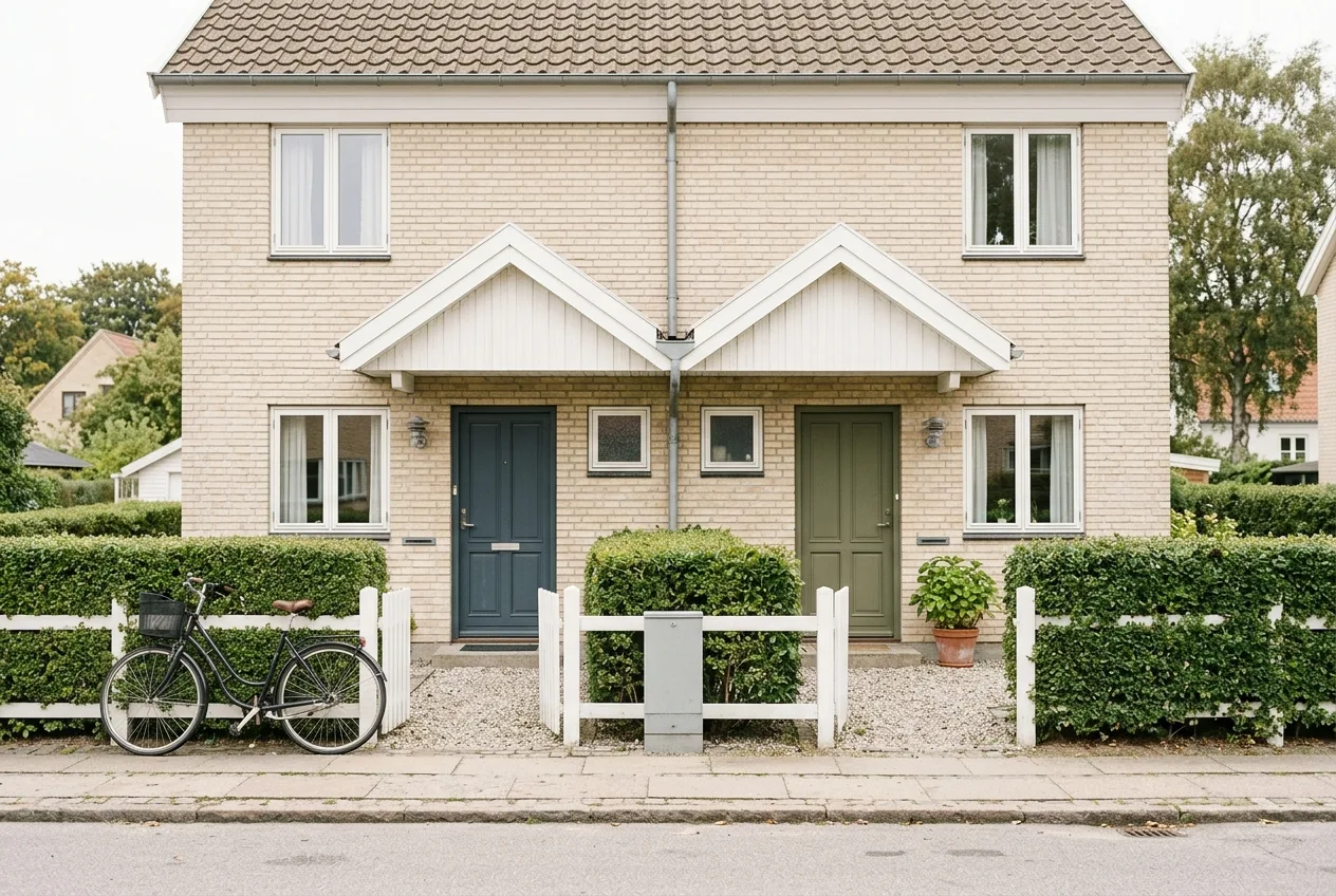 To identiske danske rækkehuse ved siden af hinanden i roligt villakvarter i dagslys
