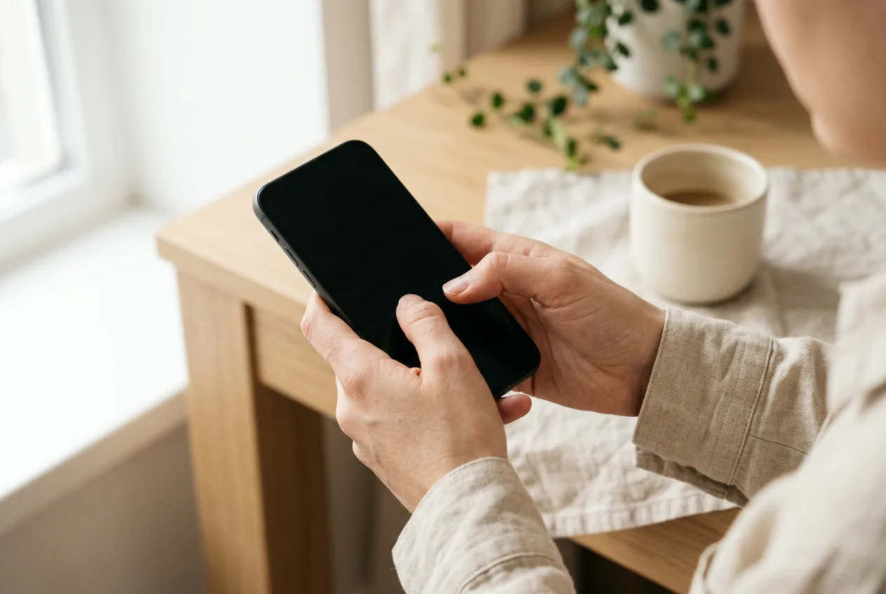 Nærbillede af hænder der taster en adresse ind på smartphone ved lyst bord