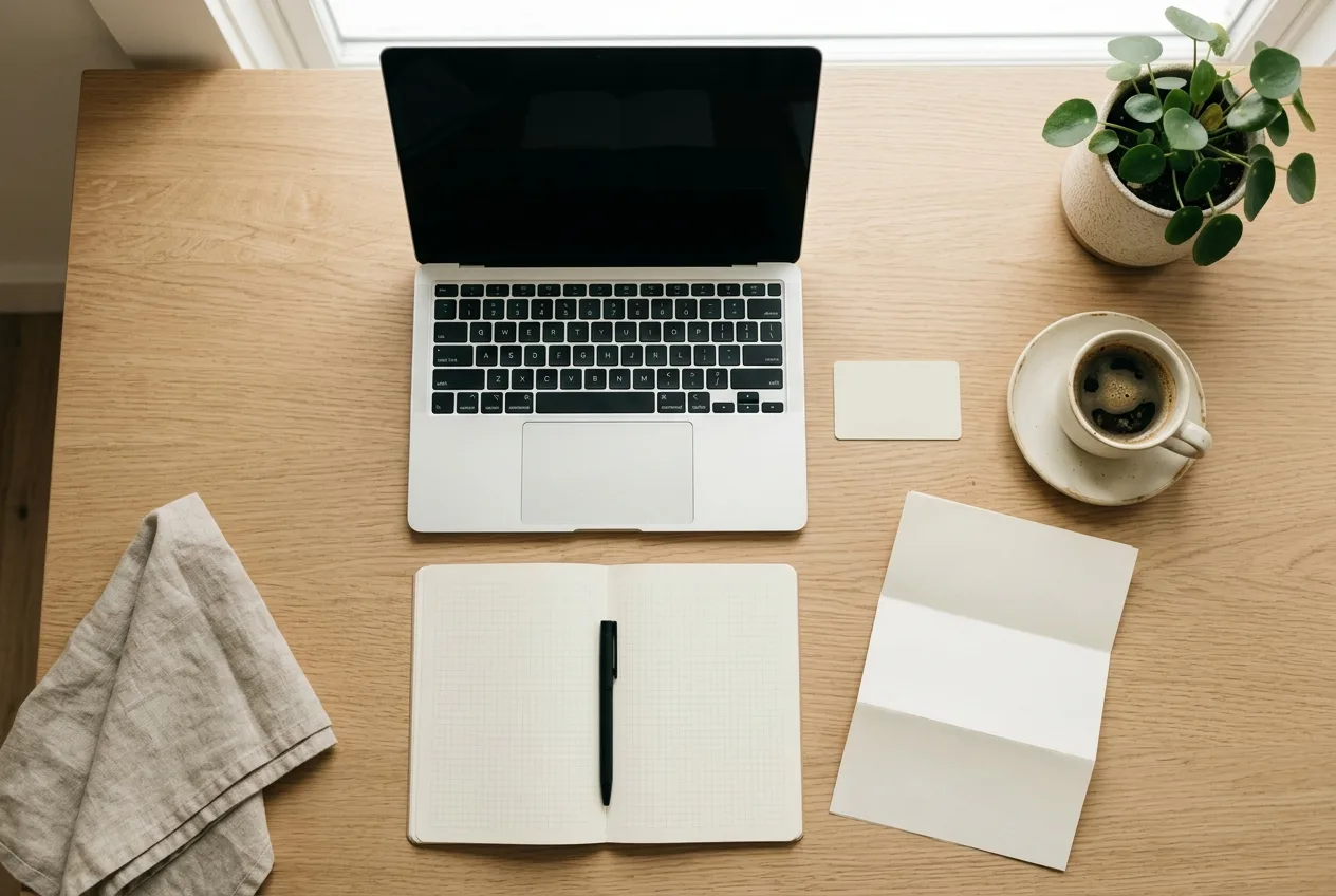 Ovenfrabillede af notesbog, MitID-nøglekort, kaffe og laptop klar til bestilling på lyst bord