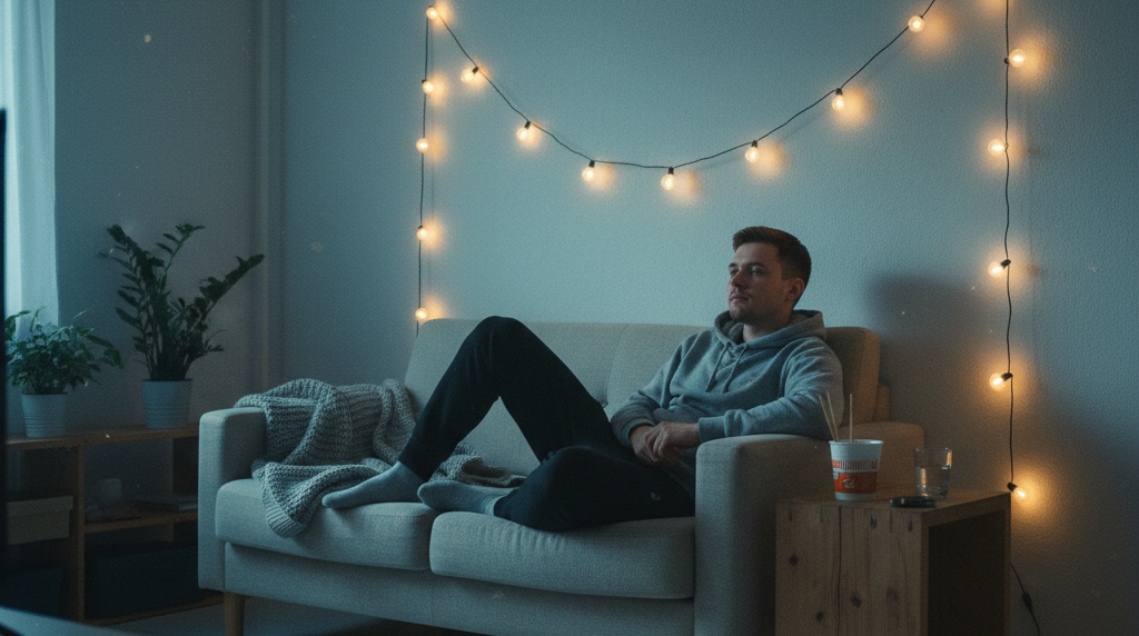 Ung mand ser film i sin lille lejlighed med lyskæde på væggen