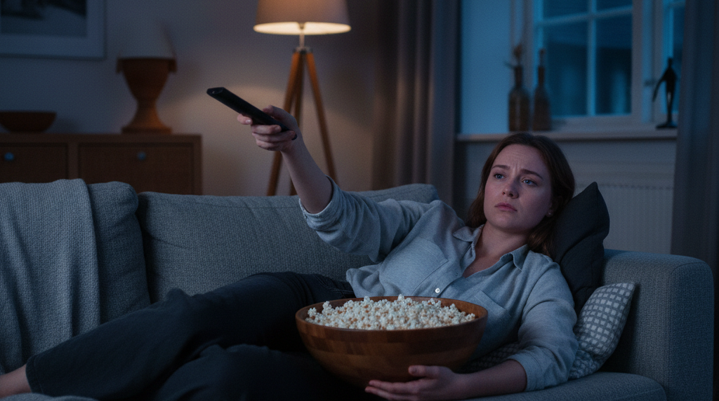 Kvinde med popcorn zapper efter noget at se en aften