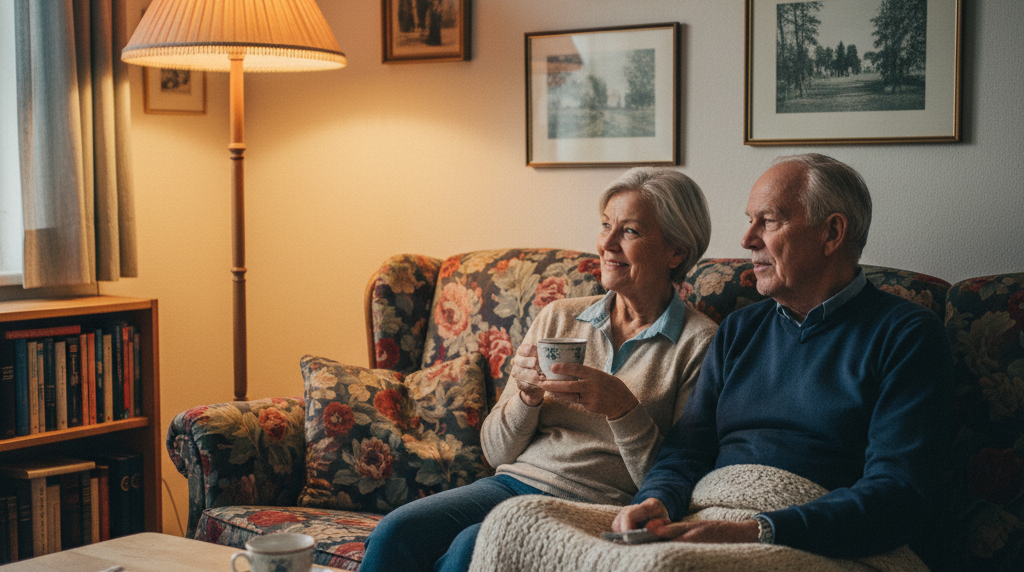 Ældre par ser tv sammen i sofaen med te og fjernbetjening