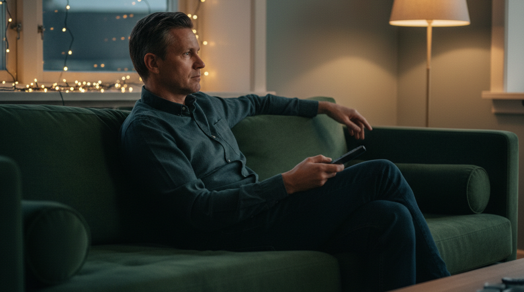Mand i sofaen med fjernbetjening overvejer hvilken streamingpakke han skal vælge