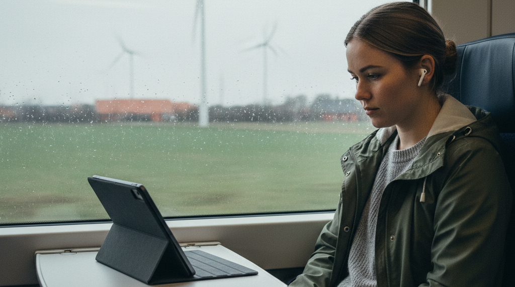 Kvinde streamer serie på tablet i toget