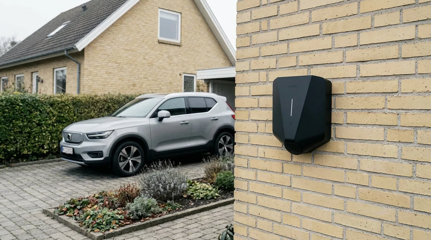 Easee Charge Up ladeboks på gul murstensvæg - elbil parkeret i indkørslen