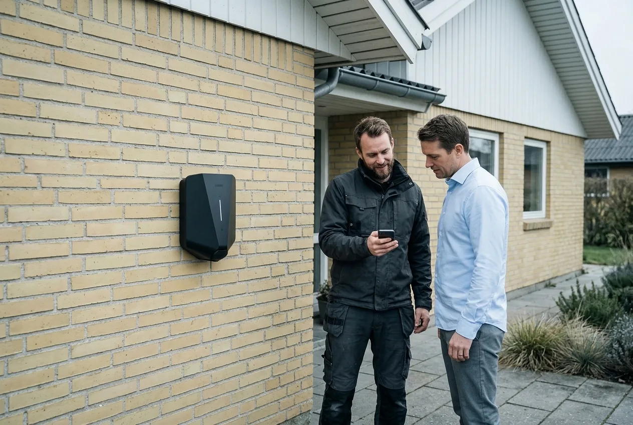 Elektriker viser Easee-appen til boligejeren ved den færdigmonterede ladeboks