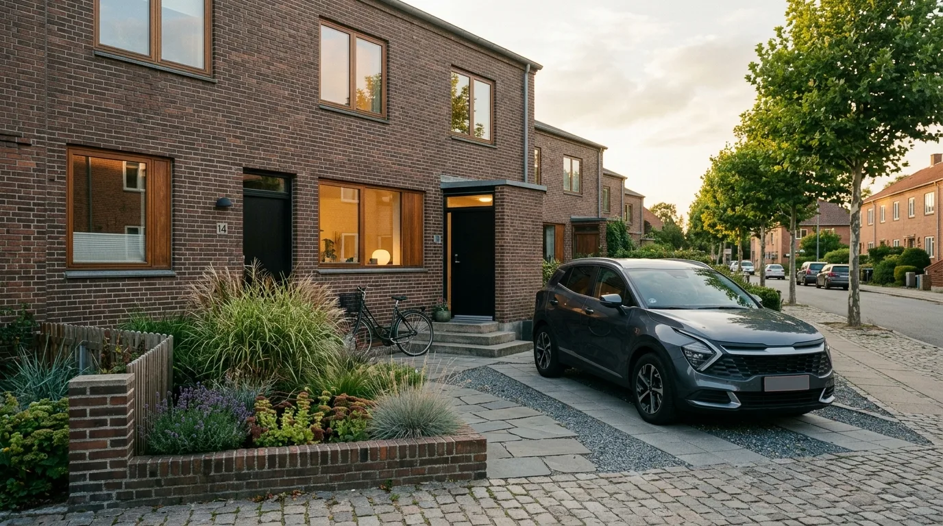 Elbil parkeret ved dansk rækkehus i sen eftermiddagssol