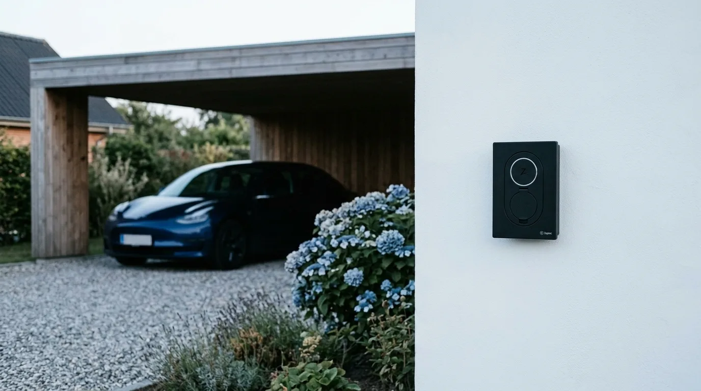 Zaptec Go ladeboks monteret på husmuren ved carporten - elbil parkeret bagved